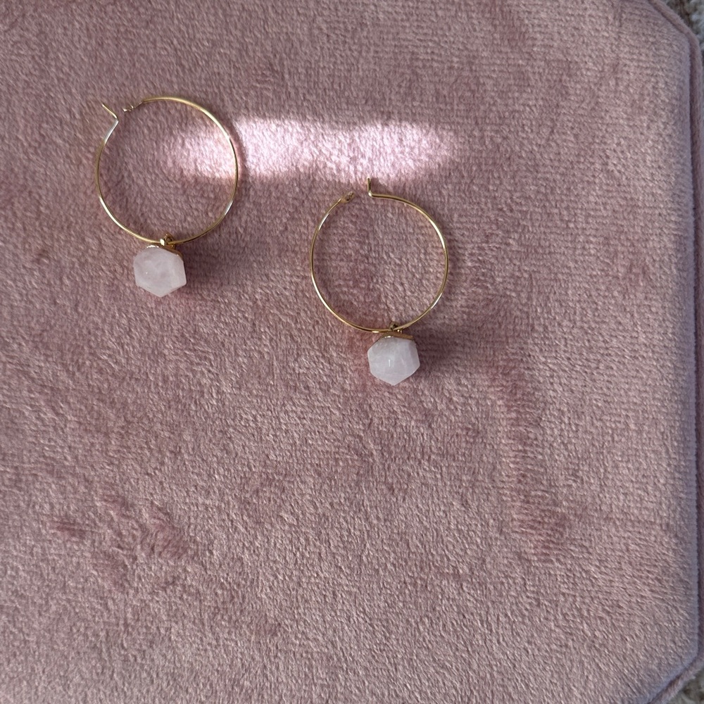 Gold Hoop Earrings with Pale Pink Hexagon rose quartz stone Dangle